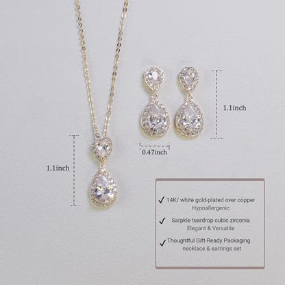 Bridal Jewelry Set for Women, Cubic Zirconia Teardrop Bride Bridesmaid Necklace and Earrings Set for Wedding Prom Formal - color: 14K Gold