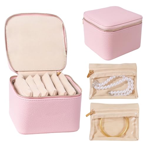 Travel Jewelry Case with 6 Velvet Zipped Pouches Bags, Hot Pink | Lychee grain textured, pu leather surface & soft velvet lining, for jewelries necklaces rings earrings sorting storage - color: Hot Pink - 6 Pouch