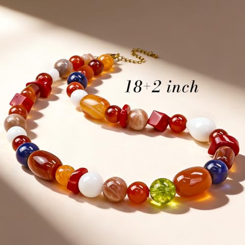 Boho Colorful Chunky Statement Beaded Necklaces for Women,Handmade Women's Fashion Gemstone Bead Choker Necklace,Western Natural Stone Strand Necklace Bib Collar Jewelry Unique Gifts for Women - color: 03-Red
