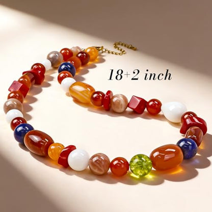 Boho Colorful Chunky Statement Beaded Necklaces for Women,Handmade Women's Fashion Gemstone Bead Choker Necklace,Western Natural Stone Strand Necklace Bib Collar Jewelry Unique Gifts for Women - color: 03-Red