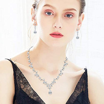 Jewelry Set for Women, Necklace Dangle Earrings Bracelet Set with White AAA Cubic Zirconia, Allergy Free Wedding Party Jewelry for Bridal Bridesmaid - color: Necklace + Earrings