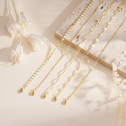 Gold Bracelet for Women, Waterproof Jewelry,5PCS | 14K Gold Plated Bracelets Stacks Non-Tarnish, Lightweight & Comfy, Trendy Adjustable Dainty Links, Women’s Jewelry Gift - color: 5 pcs-Box+Satellite+Lip+Paperclip+Flat bead