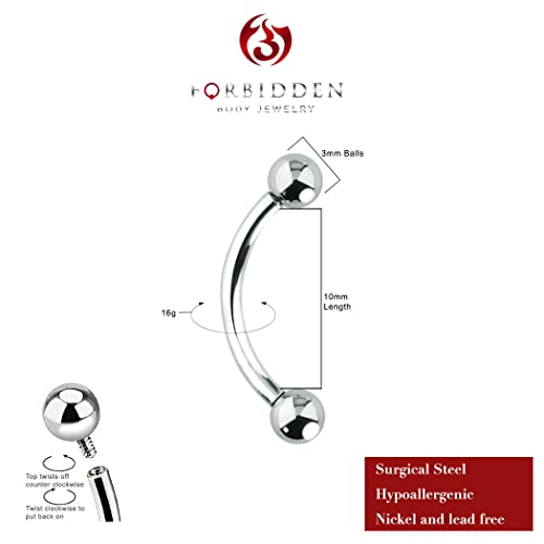 Forbidden Body Jewelry Curved Barbell Piercing Jewelry - 00GA-16GA Silver Eyebrow Piercing - Surgical Steel Snake Eye Frog Eyes Tongue Rings & Belly Rings for Women (6/14mm Bar, 3/12mm Balls) - style: 16GA, 10mm Length, 3mm Balls