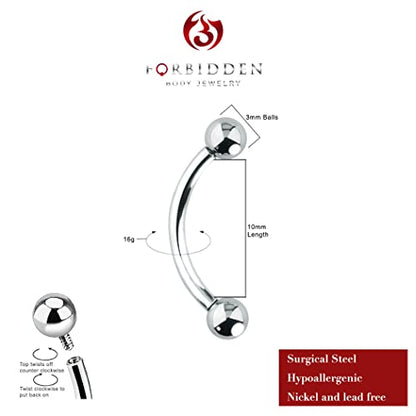 Forbidden Body Jewelry Curved Barbell Piercing Jewelry - 00GA-16GA Silver Eyebrow Piercing - Surgical Steel Snake Eye Frog Eyes Tongue Rings & Belly Rings for Women (6/14mm Bar, 3/12mm Balls) - style: 16GA, 10mm Length, 3mm Balls