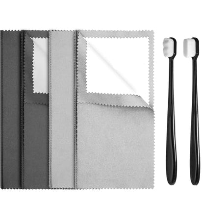 6pcs Silver Jewellery Cleaner Kit,Silver Polishing Cloth Jewelry, 4 Polishing Cloths & 2 PCS Ultra-Soft Brushes (Flat & Wave) for Cleaning Gold, Diamonds, Platinum, Gemstones, Coins