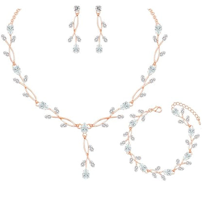 CSY Elegant Bridal Jewelry Sets Clear Cubic Zirconia Wedding Necklace Earrings Bracelet Set for Birdes Bridesmaids CZ Prom Jewelry - color: Rose Gold-Necklace Earrings Bracelet