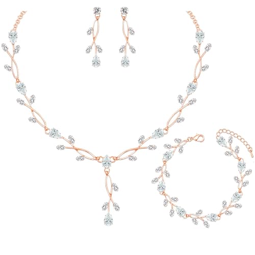 CSY Elegant Bridal Jewelry Sets Clear Cubic Zirconia Wedding Necklace Earrings Bracelet Set for Birdes Bridesmaids CZ Prom Jewelry - color: Rose Gold-Necklace Earrings Bracelet