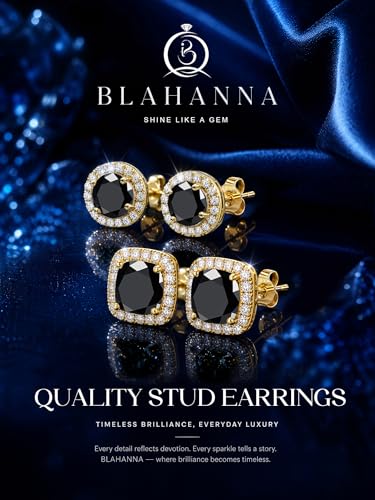 2 Pairs S925 Sterling Silver Stud Earrings for Women Halo Cubic Zirconia | 14K Gold Plated Hypoallergenic Non Tarnish Round Square Silver Stud Earring for Women Men Dainty Trendy Jewelry - style: Gold-Black Stone