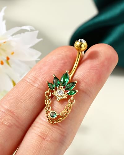 COCHARM 14G Lotus Belly Button Rings Dangle Belly Navel Rings for Women Surgical Steel Navel Piercing jewelry - color: YGGR-10MM