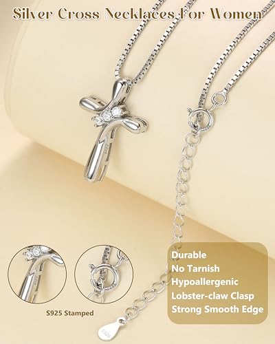 FUNRUN JEWELRY 925 Sterling Silver Cross Necklace for Women 3 Stone Cubic Zirconia Silver Cross Pendant Necklaces with 1 MM Box Chain,18 Inches