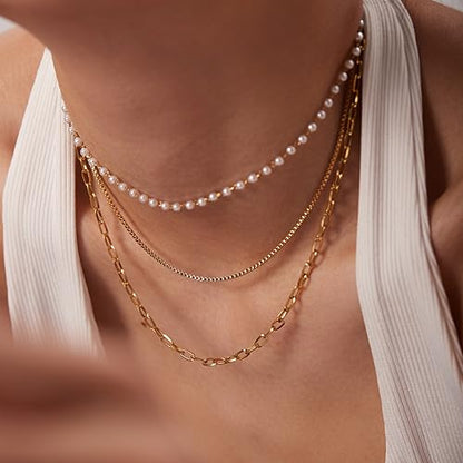 Layered Gold Necklaces for Women14K Gold Planted Non Tarnish | Cuban, Herringbone,Figaro,Paperclip Chain Layering Stack Choker Necklace , Trendy Jewelry Gift for Women - color: C