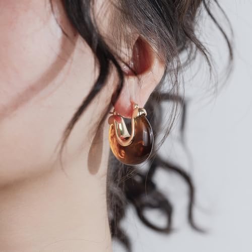 Chunky Gold Resin Hoop Earrings Leverback Statement Huggie Hoops Dangle Drop Dressy Earring Prom Festival Vacation Jewelry for Women - color: Amber, size: Drop