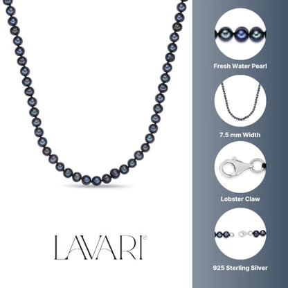 Lavari Jewelers Black Pearl Necklace in 925 Sterling Silver 36 Inches Long with Lobster Claw Clasps 6-7 mm Wide