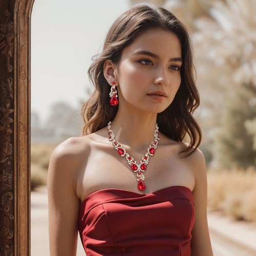 Women's Wedding Bridal Crystal Multi Teardrop Cluster Statement Necklace Dangle Earrings Set - color: Ruby Color Gold-Tone