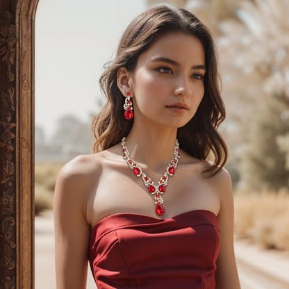 Women's Wedding Bridal Crystal Multi Teardrop Cluster Statement Necklace Dangle Earrings Set - color: Ruby Color Gold-Tone