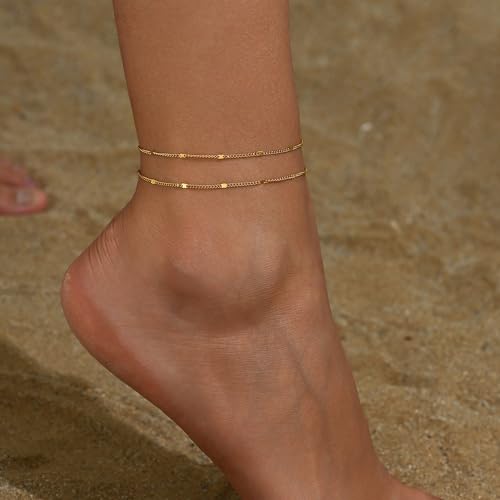 Ankle Bracelets for Women 18K Gold Plated Dainty Layering Anklets for Women Layered Twisted Rope Coin Chain Anklet Bracelets Waterproof Beach Summer Foot Jewelry - color: Layered Dot-Gold