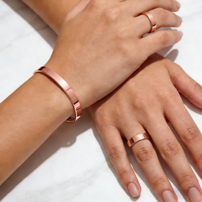 Calming Bracelet Ring Set for Women, Menopause Bracelets Adjustable Bangle Stainless Steel Cuff Climacterium Anxiety Stress Relief Energy Open Jewelry Gift - color: Rose Gold + Rose Gold