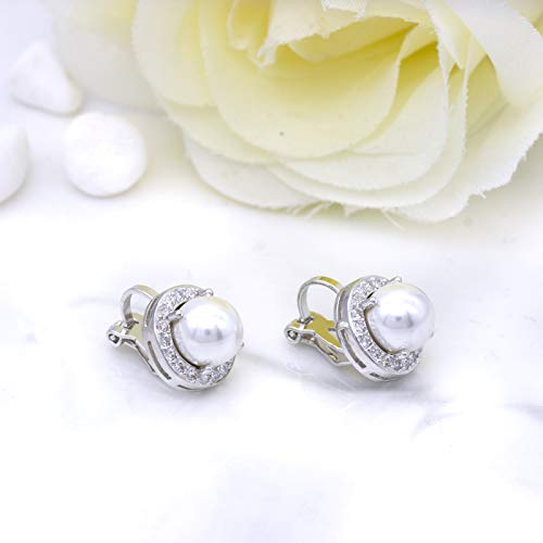 YOQUCOL 8MM Cubic Zirconia Crystal Clip On Stud Earrings Round Non Pierced Earrings for Women - color: Pearl