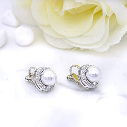 YOQUCOL 8MM Cubic Zirconia Crystal Clip On Stud Earrings Round Non Pierced Earrings for Women - color: Pearl