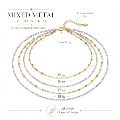 Stackable Chains Women 18K Plated Box Cuban Paperclip Layered Chain Choker Necklace Gold Silver Multi Chain Mixed Metal Stack Chains Set for Women - color: bead chain necklace