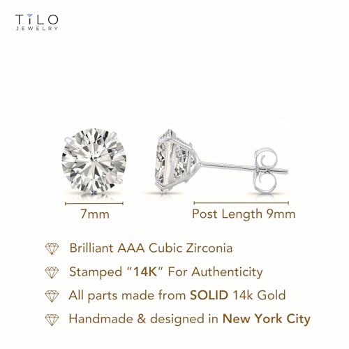 14k White Gold Solitaire Round Cubic Zirconia Stud Earrings with Pushbacks - style: 7mm