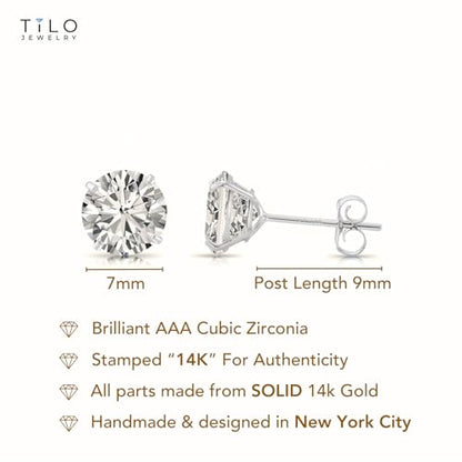 14k White Gold Solitaire Round Cubic Zirconia Stud Earrings with Pushbacks - style: 7mm
