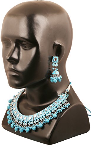 Touchstone Indian Bollywood Traditional Craftsmanship Mughal Designer Jewelry Wedding Necklace Set in Antique Gold Or White Tone for Women. - style: D001 Turquoise