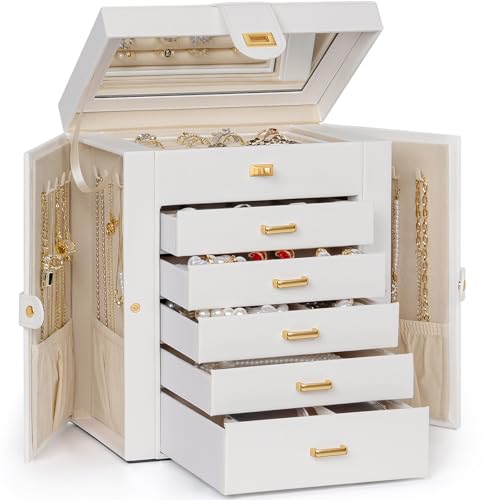 AKOZLIN 6-Tier Jewelry Box Organizer Functional 5 Drawers Leather Jewelry Storage Case for Women Girls Ring Necklace Earring Bracelet Holder Organizer with Mirror Medium White - color: White, size: Medium