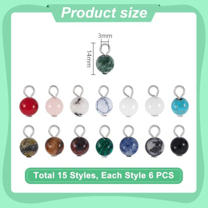 PH PandaHall 90pcs 15 Styles Round Gemstone Pendants 6mm Natural Stone Charms Stone Pendants Round Loose Beads with Silver Loop Quartz Stone Charms for Necklace Bracelet Earring DIY Crafts