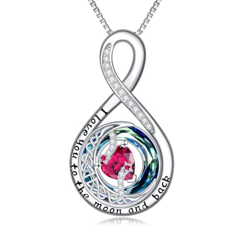TOUPOP Birthstone Necklace for Women 925 Sterling Silver Moon and Star Pendant Necklaces I Love You to the Moon and Back Jewelry Anniversary Birthday Gifts for Her Wife Girlfriend Mom - color: 07-Jul-Ruby