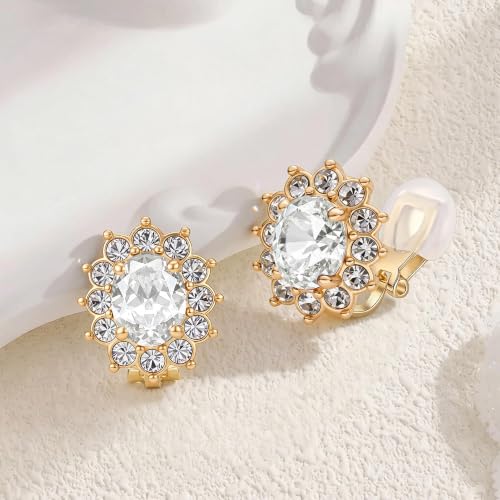 EVEVIC Oval Austrian Crystal Halo Clip On Earrings for Women | Oval Austrian Crystal with Zircon Halo,14K Gold-Plated,Silicone Comfort Pad,Gift Box Included,For Daily and Evening Events - color: White Clear