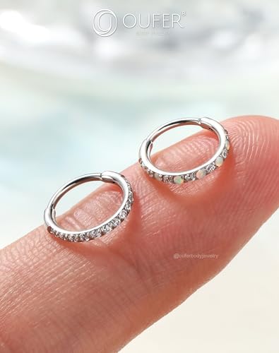 OUFER Turquoise CZ Opal Nose Rings for Women, 316L Surgical Steel 6MM Nose Rings Hoops, Silver Hinged Segment Septum Lip Eyebrow Cartilage Conch Rook Helix Tragus Daith Piercing Jewelry-6/7/8MM - color: Silver, Opal and CZ