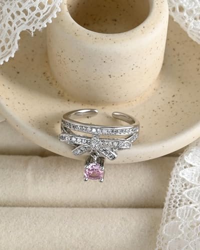 Silver Cubic Zirconia Bow with Pink Crystal Open Ring Cute Stacking Adjustable Rings for Women Mother's Day