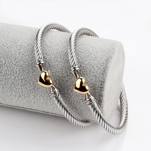 Adjustable Twist Stainless Steel Cable Wire 14K Gold Plated Love Heart Charm Bracelets Friendship Open Bangle Wrist Cuff for Women Men