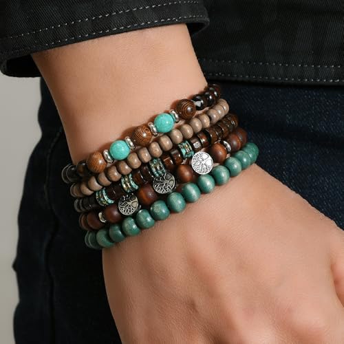5pcs Wooden Bead Bracelet Set with Charm and Tassel for Men & Women - Stackable Boho Bracelets, Amber Color Scheme Adjustable Bracelet - color: Brown Cyan