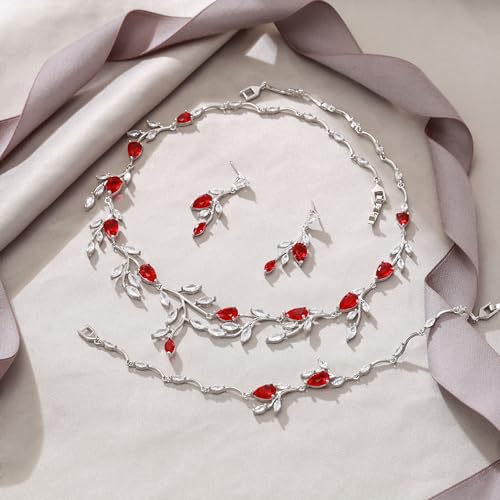 Cubic Zirconia Leaf Vine Wedding Jewelry Set for Bride Women Bridesmaid | Pear-Shaped Birthstone, Necklace Dangle Earrings for Bridesmaid, Silver-Plated-Brass - color: 3pcs_Red