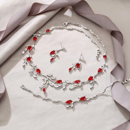 Cubic Zirconia Leaf Vine Wedding Jewelry Set for Bride Women Bridesmaid | Pear-Shaped Birthstone, Necklace Dangle Earrings for Bridesmaid, Silver-Plated-Brass - color: 3pcs_Red
