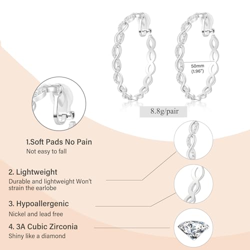 Clip On Hoop Earrings for Women Lightweight - Silver Twisted Clip-on Hoop Earings With Cubic Zirconia Fake Non Pierced Ears Jewelry - style: CZ-S50mm