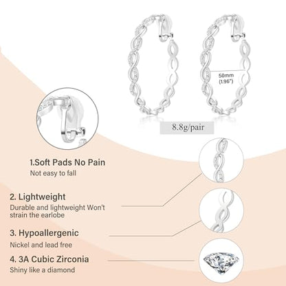 Clip On Hoop Earrings for Women Lightweight - Silver Twisted Clip-on Hoop Earings With Cubic Zirconia Fake Non Pierced Ears Jewelry - style: CZ-S25mm