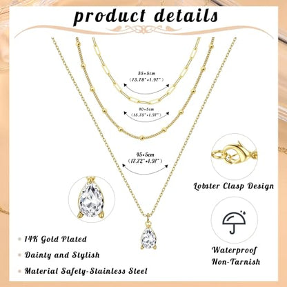 Kakonia Layered Gold Necklaces for Women, 3-Piece Gold Necklace Stack | 14K gold plated pendant necklace set, 3 dainty gold chains, trendy jewelry for women, ideal for weddings, proms or gifting - style: Teardrop-shape CZ Pendant