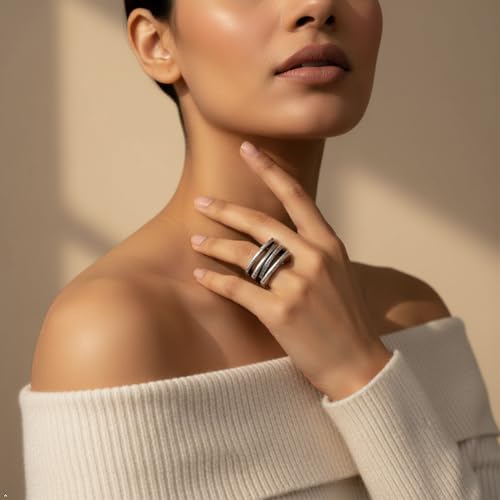 Boho Statement Ring for Women | Oxidized Silver-Plated Pewter Finish, Hammered Open Work Design, Adjustable Band