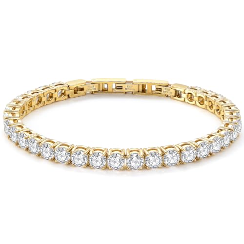 Stainless Steel Adjustable CZ Tennis Bracelet for Women Men | 14K Gold Plated, Round 3mm/4mm/5mm AAAA+ Cubic Zirconia, Dainty Classic, Festival Wedding Jewelry Gift - color: Gold, size: CZ 5mm