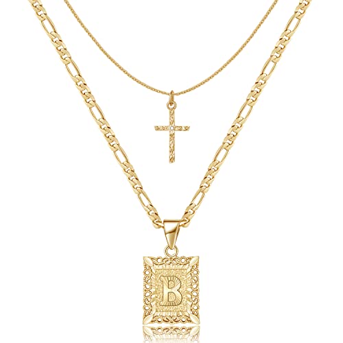 KELORIS PATH Gold Layered Initial Cross Necklace, 14K Gold Plated Layering Square Letter Pendant Figaro Chain Cross Choker from A-Z Capital Jewelry for Women Girls | 14K Gold Plated Square/Hexagon Letter Pendant with Figaro Chain, Stackable Jewelry Gifts,