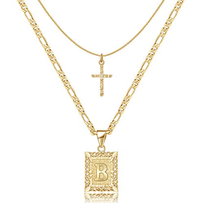 KELORIS PATH Gold Layered Initial Cross Necklace, 14K Gold Plated Layering Square Letter Pendant Figaro Chain Cross Choker from A-Z Capital Jewelry for Women Girls | 14K Gold Plated Square/Hexagon Letter Pendant with Figaro Chain, Stackable Jewelry Gifts,