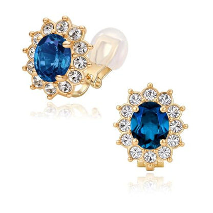 EVEVIC Oval Austrian Crystal Halo Clip On Earrings for Women | Oval Austrian Crystal with Zircon Halo,14K Gold-Plated,Silicone Comfort Pad,Gift Box Included,For Daily and Evening Events - color: Dark Blue