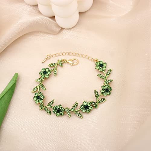 Flower Leaf Crystal Pendant Necklace Dangle Earrings Link Bracelet Bride Bridesmaid Jewelry Sets for Women Wedding Party - color: Emerald-Gold Plated
