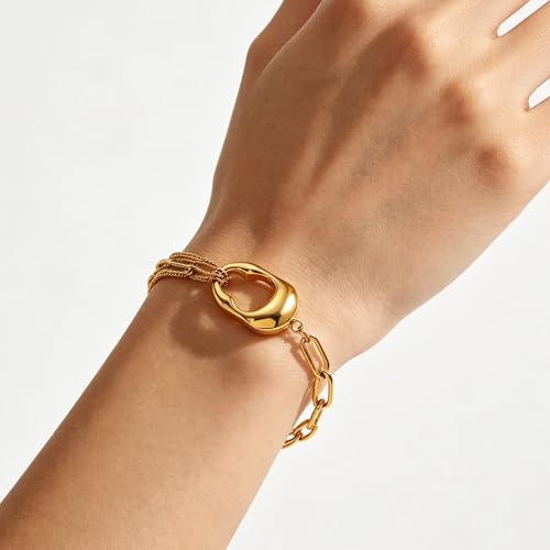 CTRLZTEAM 14K 18K Gold Plated Layered Bracelets for Women Stacked Bracelet | 14K 18K gold plated multi layer bracelets combine distinct chains with single clasp for instant pre-stacked style - style: Minimalist Mixed-Link