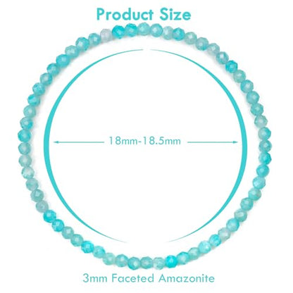 BONNY BOXX Natural Genuine Gemstone Faceted Round Beads Bracelets, 3mm Adjustable Stretchy Tiny Faceted Black Tourmaline Bracelet, Healing Crystal Reiki Chakra Dainty Jewelry Fashion Gifts - color: Amazonite