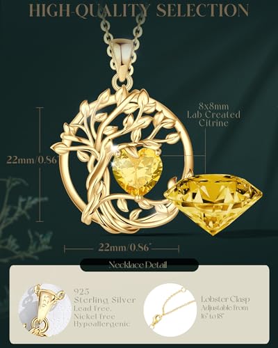 FANCIME Tree of life Birthstone necklace Sterling Silver Pendant Birthstone Necklace Gemstone Anniversary Birthday Jewelry Mothers Day Gifts for Mom Her Wife - color: Yellow gold-11-citrine