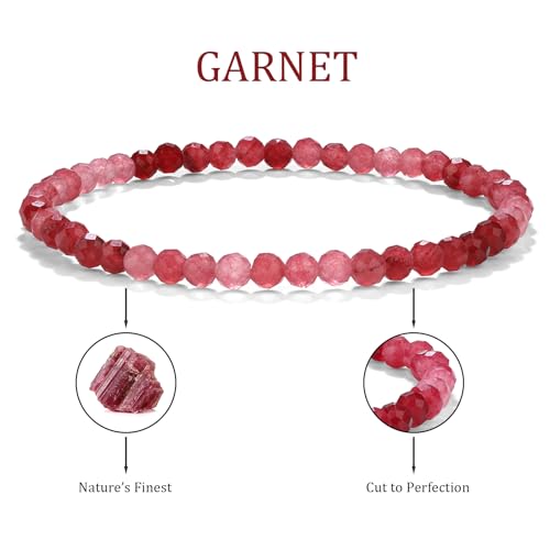 Natural Faceted Crystal Bracelet for Women,4mm Gemstone Round Beads Bracelets Adjustable Stretchy Healing Crystal Beads Bracelets Dainty Jewelry Gift - color: Garnet
